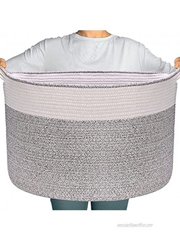 Large Cotton Rope Basket Throw Blanket Storage Basket 22" x 22" x 14" for Pillows in Living Room Woven Baby Laundry Basket with Handle Nursery Basket Soft Toy Storage Basket Brown & White