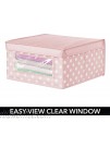 mDesign Soft Stackable Fabric Closet Storage Organizer Holder Box Clear Window and Lid for Child Kids Room Nursery Playroom Polka Dot Print Medium 2 Pack Pink with White Dots