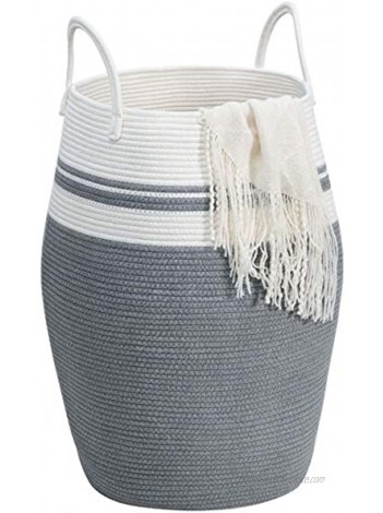 MINTWOOD Design Extra Large 25.6 Inches High Decorative Woven Cotton Rope Basket Tall Laundry Hamper with Handles Blanket Basket Living Room Storage Baskets for Toys Throws Pillow Towel Grey