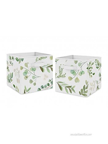 Sweet Jojo Designs Floral Leaf Foldable Fabric Storage Cube Bins Boxes Organizer Toys Kids Baby Childrens Set of 2 Green and White Boho Watercolor Botanical Woodland Tropical Garden