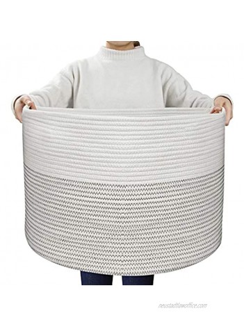 UBBCARE Extra Large Cotton Rope Basket 21.7" x 21.7" x 13.8" Blanket Basket Baby Woven Laundry Basket Toy Storage Bin Thread Nursery Hamper Black Stitch With Handles