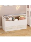 Timy Wooden Toy Box with Bench Seat Toy Storage Chest with 2 Reversible Baskets and Safety Hinge for Kids White