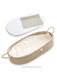 Bebe Bask Premium Baby Changing Basket Organic Seagrass Moses Basket Luxury Leaf Liner Thick Bamboo Pad Vegan Leather Baby Changing Mat Trendy Boho Bassinet Changing Table Topper
