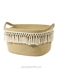 CherryNow Rectangle Woven Basket Tassel Cotton Rope Storage Basket with Handles for Books Magazines Toys Diapers – Decorative Storage Bin for Nursery Living Room Bathroom 17'' x13.8'' x10.5''