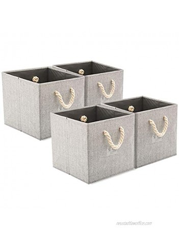 EZOWare [Set of 4] Foldable Fabric Storage Cube Bins with Cotton Rope Handle Collapsible Resistant Basket Box Organizer for Shelves Closet Toys and More – Gray 12x12x12 inch