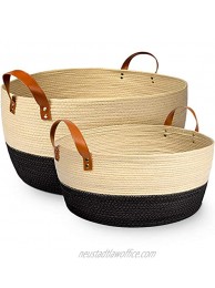 XL and Large Blanket Storage Baskets 2pc Set – Luxury Palm Woven Basket with Durable Vegan Leather Handles – Decorative Basket for Living Room Bedroom Nursery Blankets Throws Toys