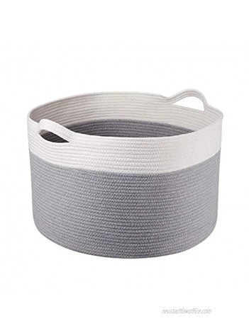 Zilink XXX-Large Cotton Rope Baskets for Storage 21.7" x 21.7" x 13.8" Blanket Basket for Living Room Decorative Large Woven Basket with Carry Handles Grey White