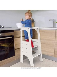 FUN & CARE Kitchen Step Stool for Kids with Safety Rail Wooden Learning Toddler Tower 3 Adjustable Platform Anti-Slip Steady Feet