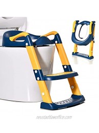 Potty Training Toilet Seat with Ladder Adjustable Foldable Toilet Training Potty Seat Chair with Handles for Toddler Safe Non-Slip Step Comfortable Cushion Potty for Kids Blue-Yellow