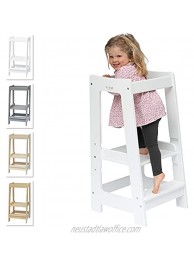 Stepup Baby Montessori Learning Toddler Tower Kitchen Wooden Helper Adjustable Toddler Steps with Safety Rail Solid Wood White