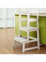 Wiifo Kids Kitchen Step Stool with Safety Rail,Wooden Toddler Standing Tower for Kitchen Counter Kids Montessori Stool White Solid Wood Construction