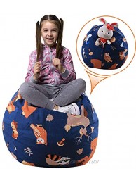 Injoy 24'' Stuffed Animals Bean Bag Extra Large Chair Cover -100% Cotton Canvas Kids Toy Storage Zipper Bags Organizer Comfy Pouf for Boys Girls Toddlar Dark Blue with Animals