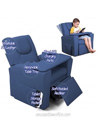 KANGAROOU Kids Recliner Chair | Recliner with Cup Holder Side Pockets Table Tray and USB Port | Kids Recliners for Gaming Reading and Play | Comfy Kid Chair with Footrest | Navy Blue