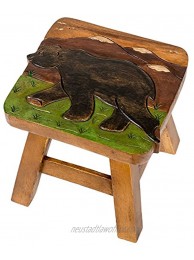 Bear in Mountains Design Hand Carved Acacia Hardwood Decorative Short Stool