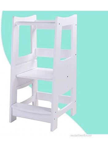 EGREE Toddlers Kitchen Step Stool with Safety Rail Kids Wooden Standing Tower for Kitchen Counter and Bathroom Sink 3 Heights Adjustable Step Up Stool Mothers' Helper Solid Wood Construction White