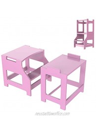 MOAMUN Double Step Stool for Kids Toddler Learning Table and Chair Set 2-in-1 Children's Learning Helper Tower with Safety Handrails for Kitchen Bathroom Pink