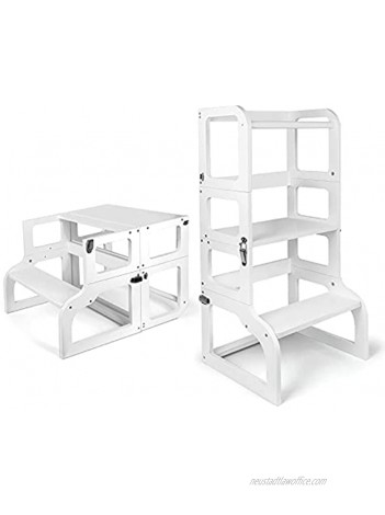 WishaLife Kitchen Step Stool and Table 2 in 1 with Safety Rail Multi-Functional Baby Toddlers Wooden Stool Helper for Kitchen Bathroom White Painted