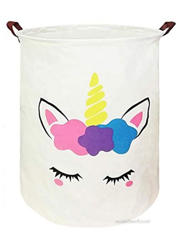 KUNRO Large Sized Round Storage Basket Waterproof Coating Organizer Bin Laundry Hamper for Nursery Clothes Toys Flower unicorn