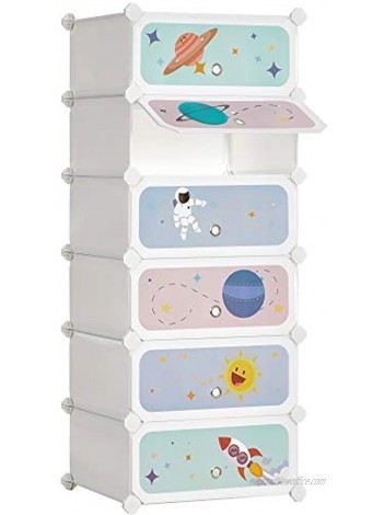 SONGMICS Kids' Shoe Rack with Doors 6-Slot Stackable Storage Organizer Plastic Wardrobe Toys Books Clothes 16.9 x 12.2 x 41.3 Inches White ULPC904W01
