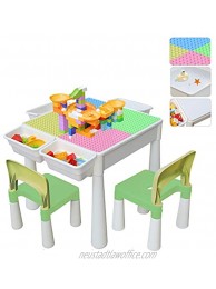 67i Kids Activity Table and 2 Chairs Set 3-in-1 Multi Activity Table Set Use As A Building Block Table Water Table Craft Table 120 Pcs Large Building Blocks with 4 Storage Box Pink Green Blue Yellow