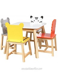 GAOFEIYANG Dining 5 Piece Wood Kiddy Table Set Children's Furniture with 4 Chairs Cartoon Animals for Kids White