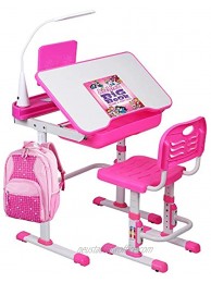 SMAGREHO Kids Desk and Chair Set Height Adjustable Childs School Study Writing Tables with Tilt Desktop LED Light Storage Drawer Bookstand Pink