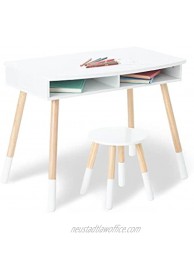 Wildkin Kids Modern Study Desk with Storage and Stool Set for Boys and Girls Includes One Matching Stool Classic Timeless Design Features Solid Wood Legs White w  Natural
