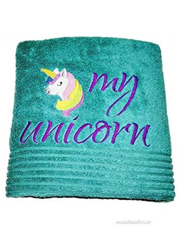Prick-N-Pounce Customized 100% Cotton Bath Towel Embroidered Customized for Children Kids Bathroom My Unicorn Bluish-Green Turquoise Peacock Blue
