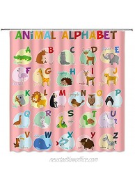 Alphabet Shower Curtain Kids ABC Educational Learning Tool Colorful Cute Cartoon Animal A to Z Pattern for Children Boys Baby Funny Creative Teaching Decor Fabric Bath Curtain with Hook