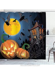 Ambesonne Halloween Shower Curtain Gothic Halloween Haunted House Party Theme Design Trick or Treat Motifs Print Cloth Fabric Bathroom Decor Set with Hooks 84" Long Extra Orange Black