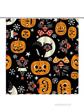 Halloween Shower Curtain Spooky Cartoon Black Cat Pumpkin Ghost Full Moon Scary Star Polka Dot Funny Halloween Holiday Time Decor for Kids Fabric Bathroom Curtain with Hook
