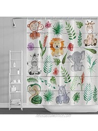 Leyiyi Cartoon Jungle Safari Shower Curtain Watercolor Forest Zoo Animals Elephant Lion Green Leaves Rustic Wooden Board Shower Curtain for Kids Adorable Girls Cute Baby Bathroom Decor 48x72 inch