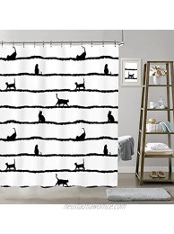 LIGHTINHOME Cat Shower Curtain 60Wx72H Black Cute Kitten Silhouette Stripes Funny Elegant Polyester Waterproof Home Bathroom Decor 12 Pack Plastic Hooks
