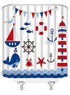 Nautical Anchor Shower Curtain Cartoon Lighthouse Cute Whale Sailboat Ocean Kids Rudder Lifebuoys Seagull Fish Funny Blue Sea Marine Animals Navy Blue Decor Fabric Bathroom Curtain with Hook