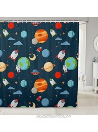 Outer Space Shower Curtain Kids Cartoon Astronaut Rocket Bathroom Shower Curtain Set for Boys Girls Space Rocket Bath Curtain Moon Stars Universe Planets Waterproof Curtains Room Decor 72x84 Inch