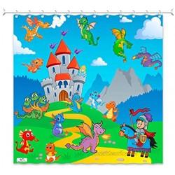 PlayFunLearn Kids Shower Curtain. Dragons Knight Princess Castle. 100% Polyester. Hooks Incl. 72x72 in.