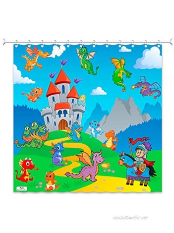 PlayFunLearn Kids Shower Curtain. Dragons Knight Princess Castle. 100% Polyester. Hooks Incl. 72x72 in.