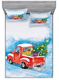 Ambesonne Christmas Fitted Sheet & Pillow Sham Set Vintage Truck in Snowy Winter Scene Tree and Gifts Candy Cane Kids Print Decorative Printed 3 Piece Bedding Decor Set Full Red Blue