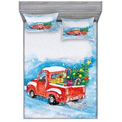 Ambesonne Christmas Fitted Sheet & Pillow Sham Set Vintage Truck in Snowy Winter Scene Tree and Gifts Candy Cane Kids Print Decorative Printed 3 Piece Bedding Decor Set Full Red Blue