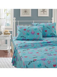 Better Home Style Bonjour Paris Aqua Turquoise Blue Girls Kids Teens 3 Piece Sheet Set with Pillowcase Flat and Fitted Sheets Eiffel Tower Butterflies and Hearts # Aqua Paris Twin