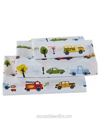 Better Home Style Cars Fire Trucks School Buses Traffic Signs Trees Multicolor Fun Design for Kids Boys 3 Piece Sheet Set with Pillowcase Flat and Fitted Sheets # School Bus Twin