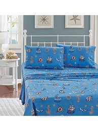 Better Home Style Multicolor Nautical Ships Lighthouse Sailor Anchors Helm Design for Kids Boys Sheet Set with Pillowcases Flat and Fitted Sheets # Sailor Blue Twin