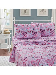 Better Home Style Pink Purple Lavender and Turquoise Blue Girls Kids Teens Sheet Set with Butterflies Flowers Floral with Pillowcases Flat and Fitted Sheets # Lavender Butterfly Twin