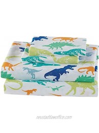 Elegant Home Green Blue Orange Dinosaur Design Fun Printed Sheet Set with Pillowcases Flat Fitted Sheet for Boys Kids Teens Dinosaurs Green Twin Size