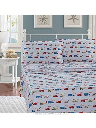 Luxury Home Collection Kids Toddlers Boys Multicolor 3 Piece Twin Size Print Sheet Set with Fitted Flat and 1 Pillow Case Set Construction Site Trucks Cranes Firetruck Excavator Traffic Cones