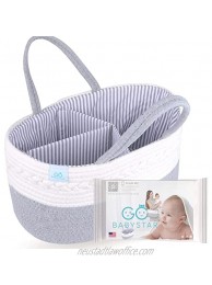 Baby Diaper Caddy Organizer -100% Real Natural Cotton Bag for Changing Diaper Grey Stackers Car & Nursery Rope Bin Premium Shower Basket for Girl & Boy Toy Organization Storage