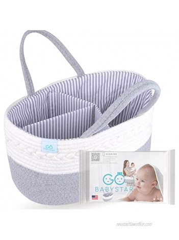 Baby Diaper Caddy Organizer -100% Real Natural Cotton Bag for Changing Diaper Grey Stackers Car & Nursery Rope Bin Premium Shower Basket for Girl & Boy Toy Organization Storage