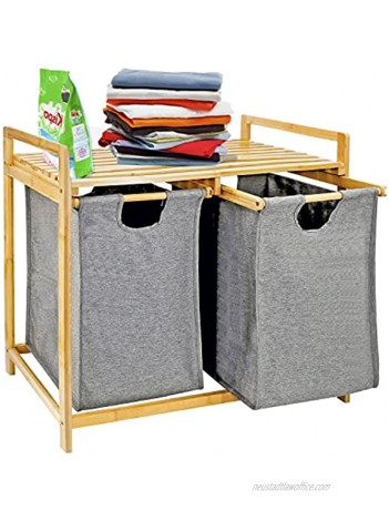 Jolitac Bamboo Laundry Hamper and Shelf Dual Compartments Laundry Basket with Removable Sliding Bags Large Capacity Laundry Sorter Organizer Bathroom Clothes Storage Hampers