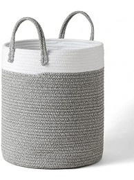 LA JOLIE MUSE Woven Rope Basket Hamper Tall Cotton Laundry Basket 16 x 14 x 14 Inches Clothes Blanket Storage Baskets for Living Room Nursery Bedroom Bathroom White & Gray