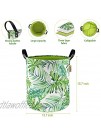 RWWXII 15.7" Thicken Large Laundy Basket with Leather Handles Collapsible Canvas Laundry Hamper for Bedroom Storage Baskset for Nursery Clothes,Toys Green Leaves